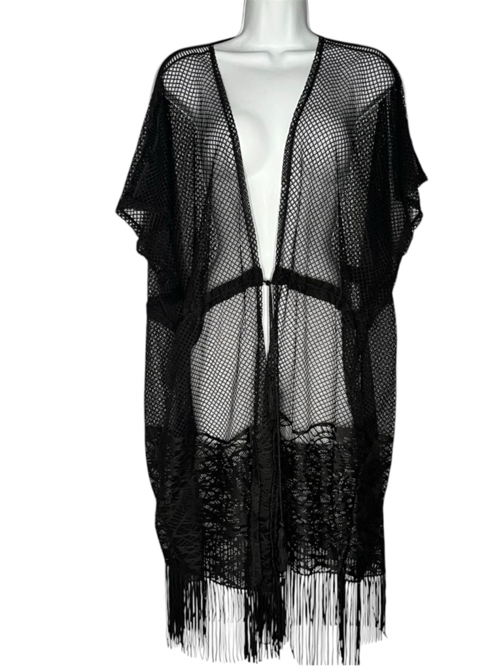 Cha Cha Black Sheer Mesh Lace Kimono Cover Up Fringe Tie Waist 3X Boho